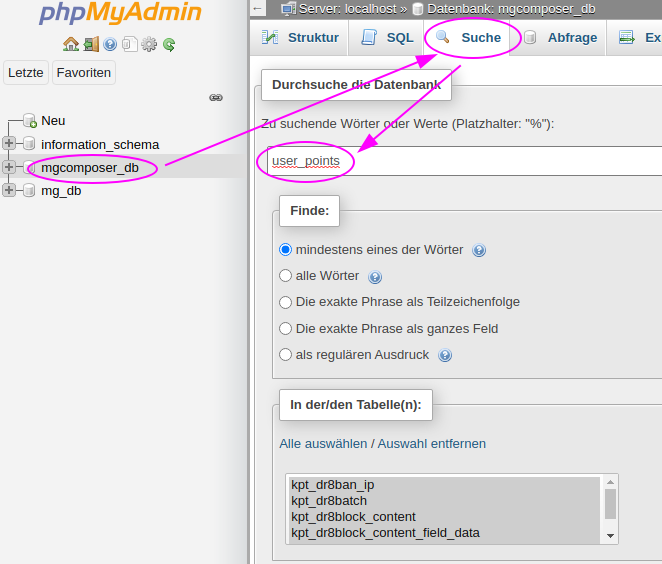 phpMyAdmin search through all tables.
