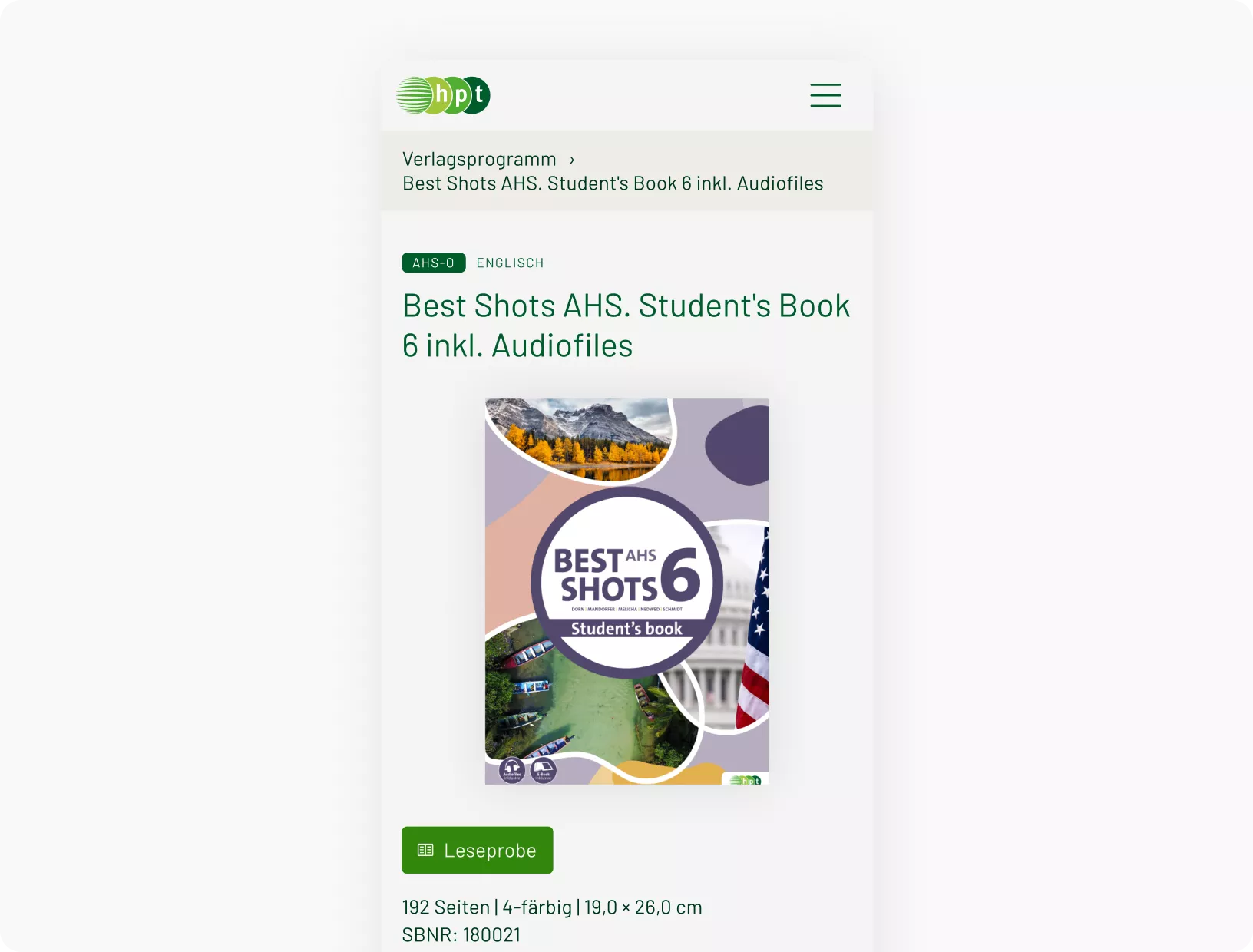 Mobile Ansicht der hpt Seite, man sieht ein Schulbuch und den Titel des Buches