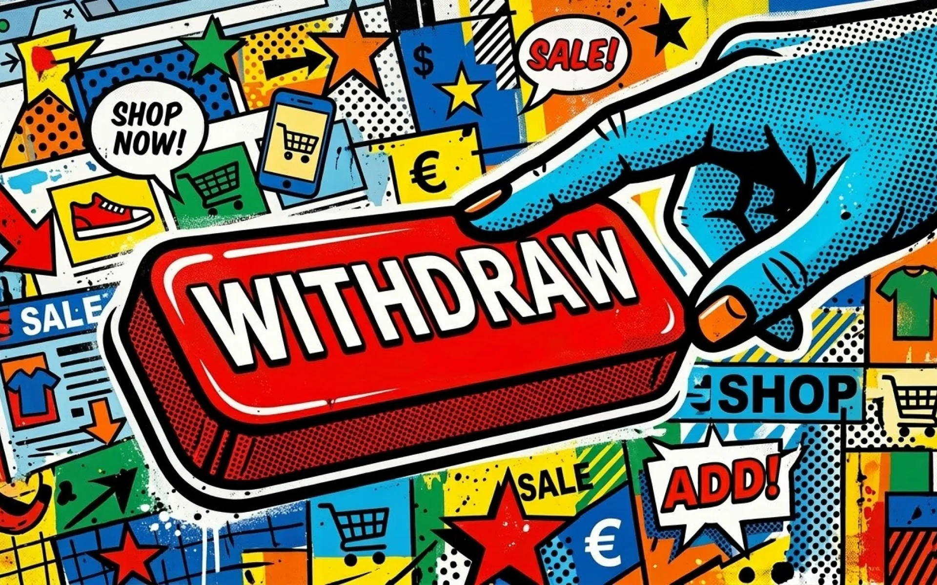 Pop art inspired image showing a hand pressing a button with the text WITHDRAW