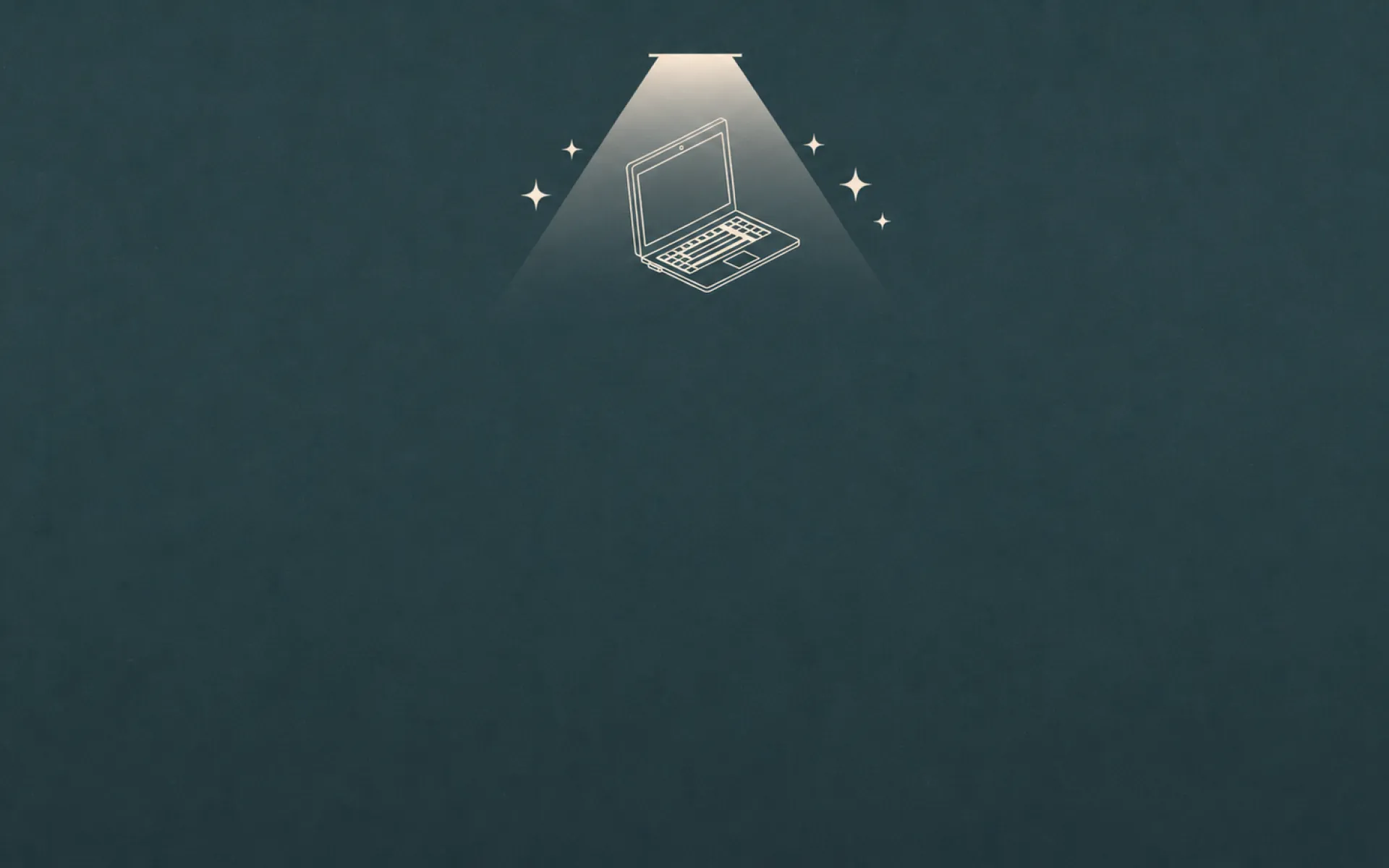 Illustration eines Laptops unter einem Lichtkegel auf dunkelblauem Hintergrund mit zwei funkelnden Sternen.