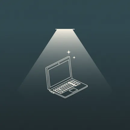 Illustration eines Laptops unter einem Lichtkegel auf dunkelblauem Hintergrund mit zwei funkelnden Sternen.