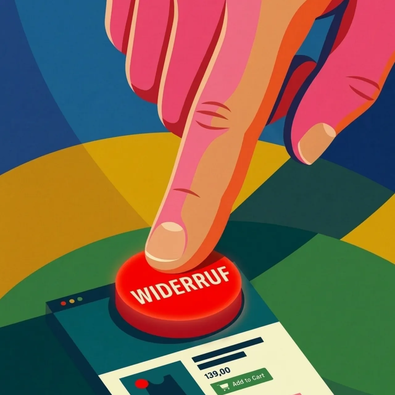 Editoriale Illustration eines riesigen menschlichen Fingers, der einen roten Button mit der Aufschrift „Widerruf“ drückt, über einer winzigen Online-Shop-Oberfläche.